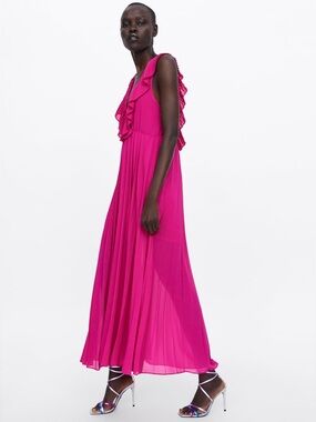Women’s  Fuschia Ruffle V-Neck Maxi Dress